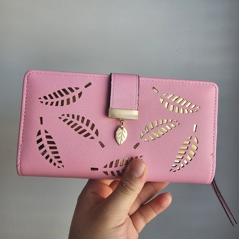 Women's Long Leaf Bifold Wallet Leather Card Holder ID Pink